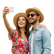 © nasima0204 - Couple taking selfie with smartphone wearing hats and sunglasses isolated on transparent background