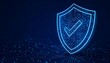 © photostockatinat - An illuminated shield, symbolizing security, with a checkmark inside, against a dark blue background. The image evokes feelings of protection and trust