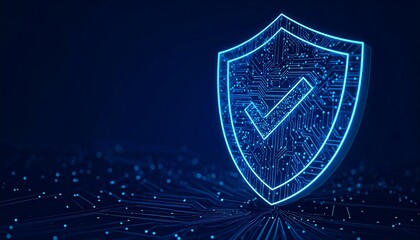 an illuminated shield, symbolizing security, with a checkmark inside, against a dark blue background