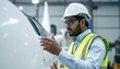 © photostockatinat - Aviation professional inspecting an aircraft. The engineer, wearing a hard hat and safety vest, is carefully examining the plane