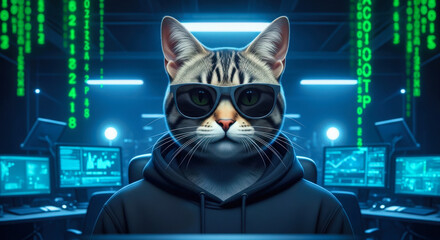 Cyber security illustrated with a cat hacker in high tech matrix lab, wearing sunglasses and hoodie. Cyber security involves advanced tech, software and network protection.