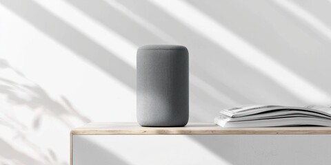 Wall Mural - A gray smart speaker sits on a wooden shelf, illuminated by sunlight streaming through window blinds. A partially open book rests beside the speaker. 
