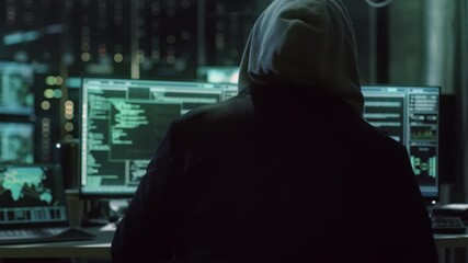Hacker in Hoodie Breaching Company Servers, Encrypted Data Streams. Cyberattack Involving System Breakin, Identity Data Theft, Vulnerabilities of Digital Infrastructure, Phishing, Spyware, Malware