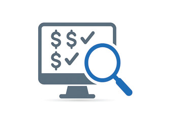 Vector of computer monitor with growth financial chart, checklist and magnifier. Symbol of business analyst. Icon of financial