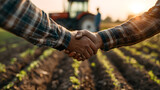 Two farmers shaking hands, farmer in office on the farm with red tractor on a sunlit background. farmer handshake, farmer shaking hands business agreement deal agriculture investment landscape farming