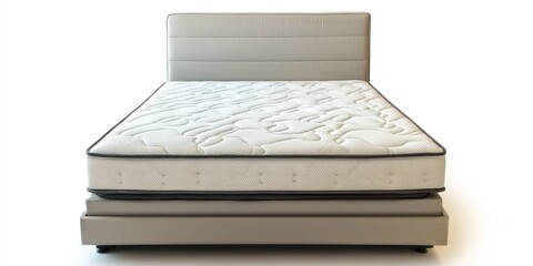 Wall Mural - A light-colored, modern bed is positioned against a stark white background. The bed features a high, padded headboard with horizontal lines.