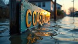 Flooded coastal street sign partially submerged during golden hour, highlighting the impact of climate change and urban flooding for environmental awareness and disaster preparedness