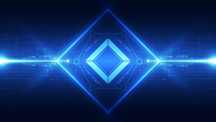 Futuristic Neon Blue Diamond Shape with Digital Circuit and Light Technology Background