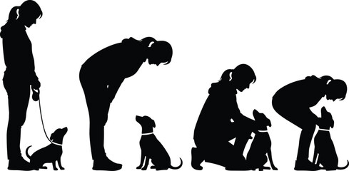Silhouette of woman training a small dog through different poses on white background dog training