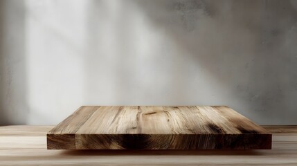 Wall Mural - A wooden display surface under soft lighting  long title A rustic wooden display table with a smooth natural texture set against a soft neutral