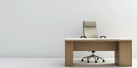 Wall Mural - A simple office desk and chair are positioned against a stark white wall. The desk is made of light-colored wood and features a telephone. 