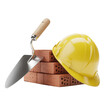 © MDKhokon - Construction tools and materials including a trowel bricks and a yellow hard hat representing building industry and safety on construction site isolated on transparent background