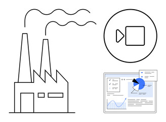 Wall Mural - Factory with emissions, video play button, and data dashboard conveying technology, communication, and analytics. Ideal for innovation, sustainability, industrial process, technology business