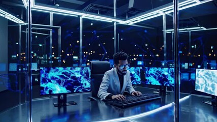Focused software developer works late in modern control room with neural network data on monitors this is a concept of ai programming and cybersecurity