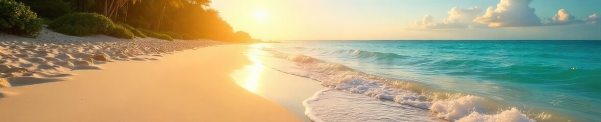 Wall Mural - Golden sunlight bathes a pristine sandy shore, gentle waves lapping at the edge of a tranquil beach Perfect for travel, vacation, or nature themes , beach, coastline
