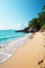Wall Mural - Serene Coastal Scene Calm Ocean Waves Gently Lap a Sandy Shoreline, Perfect for Relaxation and Travel Photography
