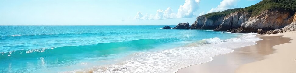 Wall Mural - Serene ocean vista, a tranquil haven of calm blue waters, gentle waves lapping a pristine shore Perfect escape, idyllic seascape, peaceful retreat , serene, marine, escape