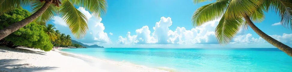 Wall Mural - Sun-drenched beach scene with turquoise water, palm trees swaying gently in the breeze, and white sand Perfect for summer vacation themes , landscape, water