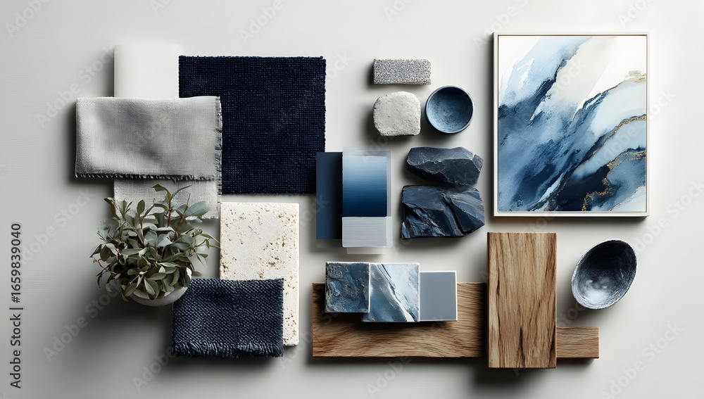 Elegant moodboard displaying a serene blue and white color palette with ...