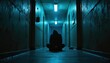 © Pete - Silhouette of hooded person sits alone in dark blue corridor. Low key image solitude, depression, anxiety. Moody dramatic scene conveys emotional distress, mental health issues. Unlit alleyway with