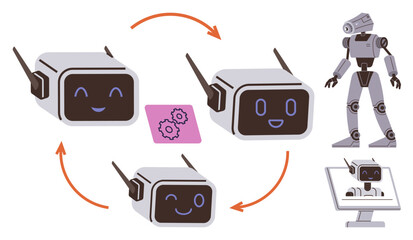 Three smiling robot drones interact in a circular workflow with arrows indicating communication. A bipedal humanoid robot and a computer interface add to AI synergy. Ideal for technology, robotics