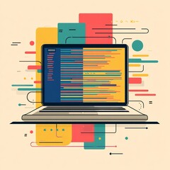 A laptop displaying code with colorful shapes and lines in an abstract digital illustration style