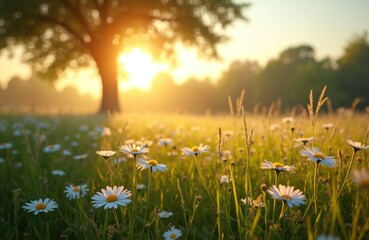 Wall Mural - Sunlit grassy field with daisy flowers in foreground, blurred trees in background. Warm light and foggy mood, tranquil summer sunrise scene. Generative AI illustration of natural landscape.