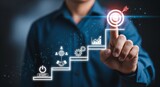 Reaching Goals: A businessperson's digital touch guides the way towards success, highlighting each step of the strategic process.