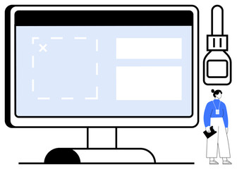 Computer monitor with UI design layout, editing tool icons, and woman holding a notebook. Ideal for user experience, digital design, creative process, software tools, education, innovation simple
