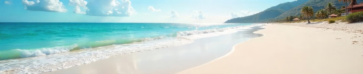 Wall Mural - Serene Sun-Drenched Beach Gentle Waves, Soft Sand, Perfect for Travel and Relaxation