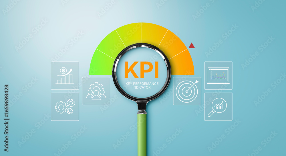 KPI measurement dashboard, Magnifying glass highlighting Key ...