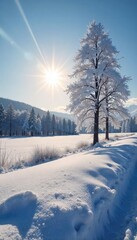 Wall Mural - Serene Winter Wonderland Long Shadows Dance Across a Snow-Covered Landscape, Illuminating Frozen Trees and a Glistening Field Under a Low Winter Sun