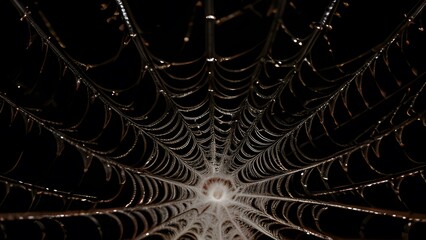 Detailed Spider Web with Morning Dew Against Black Background