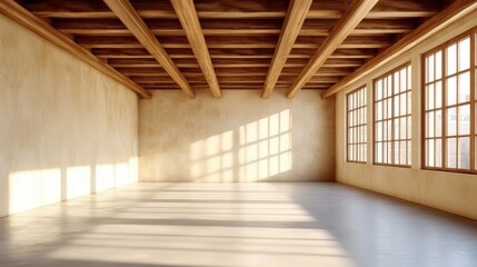 Wall Mural - bright empty room with wooden beams on ceiling, large windows letting in sunlight, and smooth light-