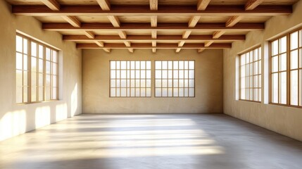 Wall Mural - spacious empty room with wooden ceiling beams and large windows letting in natural sunlight.