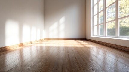 Wall Mural - sunlight streams through a large window onto a clean, empty room with polished wooden floors and whi