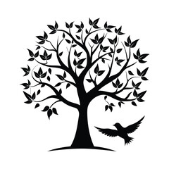silhouette of a majestic tree with a bird in flight against a white background