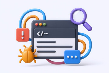 Colorful illustration of a coding interface with a bug and search magnifying glass, highlighting programming challenges.