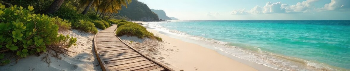 Wall Mural - Rustic wooden walkway leads to a tranquil beach, sun-kissed sand, gentle waves lapping the shore Perfect for summer vacation, travel, or coastal themes , idyllic, environment