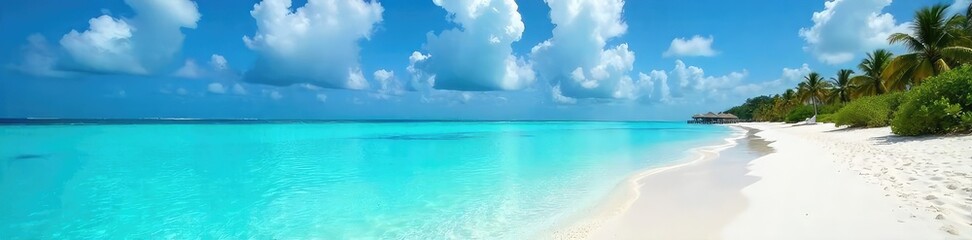 Wall Mural - Turquoise Waters Lap Pristine White Sands in the Maldives Idyllic Tropical Beach Paradise Perfect for Travel Brochures and Websites
