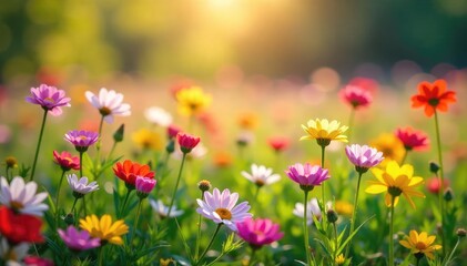 Wall Mural - Spring Wildflowers in Lush Meadow Vibrant Blooms Bathed in Warm Sunlight, Breathtaking Natural Beauty