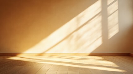 Wall Mural - sunlight streams through a window, casting geometric shadows on a warm-toned, empty wooden floor and