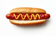 © Pete - Delicious hot dog with ketchup, mustard isolated on white background. Classic american fastfood meal on sesame bun with grilled sausage. Top view flat lay of tasty snack with zig-zag mustard. Food