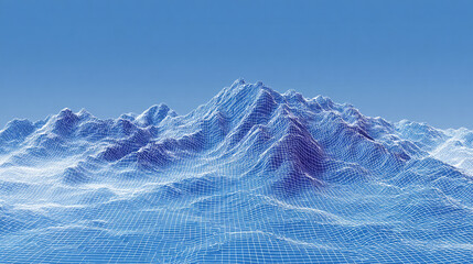 A wireframe landscape of mountains under a light blue sky in a digital rendering style