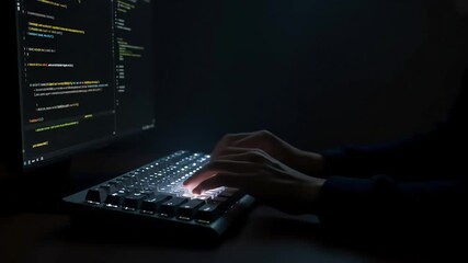 Hands Typing on Backlit Keyboard at Night, Code Scrolling on Screen