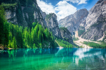Naklejka na meble Pragser Wildsee and Dolomites mountains. South Tyrol, Italy
