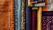 © dreamer - Close-up image of various textured and colorful fabric swatches arranged vertically, showcasing different weaves and patterns.