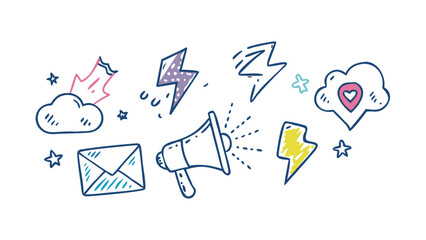 Communication icons lightning and message cloud heart