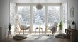 © masood - Cozy living room with large windows showcasing a serene winter forest landscape.