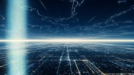 Wall Mural - Abstract digital landscape with glowing lines and grid pattern, suggesting a futuristic or technological environment.
